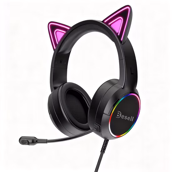 Entzückende coole Weihnachtsgeschenke, LED-leuchtende, faltbare Katzenohr-Stirnband-Kopfhörer für Frauen, Mädchen, Kinder